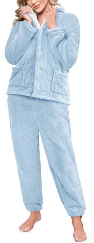 RITOSTA Pigiama Donna Invernale Lungo Pigiami in Pile Due Pezzi Morbido Pigiama Natalizio Felpa Manica Lunga e Pantalone Sleepwear Sets Caldo Completo Tuta Invernali con Pulsante (Blu,M)
