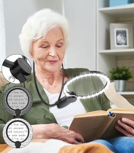 5X LED Hands-Free Magnifying Glass with Detachable Stand, HD Lens Neck Magnifier with Light for Reading, Ideal for Low Vision & Seniors Reading Small Prints, Crafting