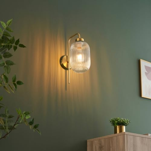 KOSILUM – Wandleuchte Gold Vintage Glas geriffelt – Canelia – Licht warmweiß Beleuchtung Wohnzimmer Schlafzimmer Küche Flur – – E27 – IP20