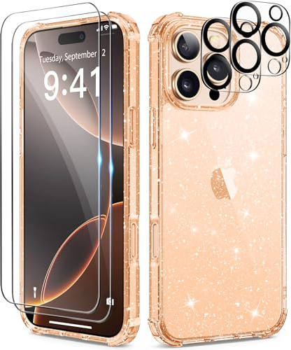 BERFY Glitter Case for iPhone 16 Pro Max, with 2X Screen Protector + 2X Camera Lens Protector, [Non-Yellowing] Clear Bling Sparkle Cute Silm Shockproof Hard Phone Case for Women 6.9, Rose Gold