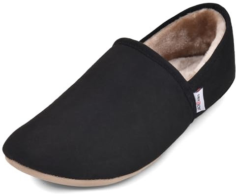 JACKSHIBO Hausschuhe Damen Herren Warme Plüsch Pantoffeln Weite Zehenbox Weiche Leicht Leder Hüttenschuhe Bequeme Rutschfest Drinnen Barfußschuhe Slippers Nullabsatz Sohlen (Schwarz(Plüsch),EU38)