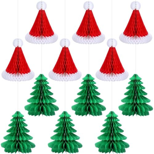 Decoraciones de Navidad de papel, decoraciones de Navidad, nido de abeja de papel de Navidad para decoraciones de fiesta, 6 piezas de árbol de Navidad y 6 piezas de sombrero de Navidad Adorno