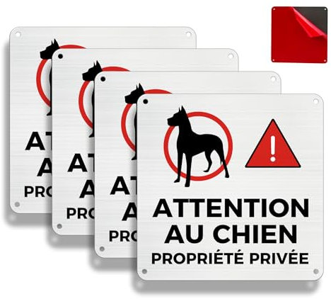 FloraVigo Propriété privée,4 panneaux propriété privée, 15×15 cm, intérieur/extérieur, panneau aluminium, panneau d'avertissement, avec autocollant(ATTENTION AU CHIEN *4)