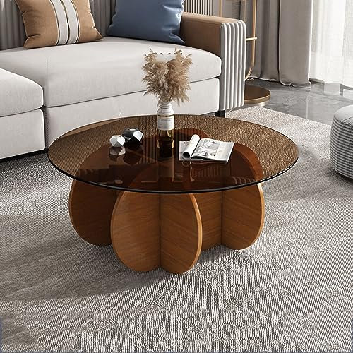 Table basse moderne avec plateau en verre avec base en bois massif, table centrale élégante pour salon et terrasse, table basse ronde avec plateau en verre trempé transparent, finition chêne et bleu