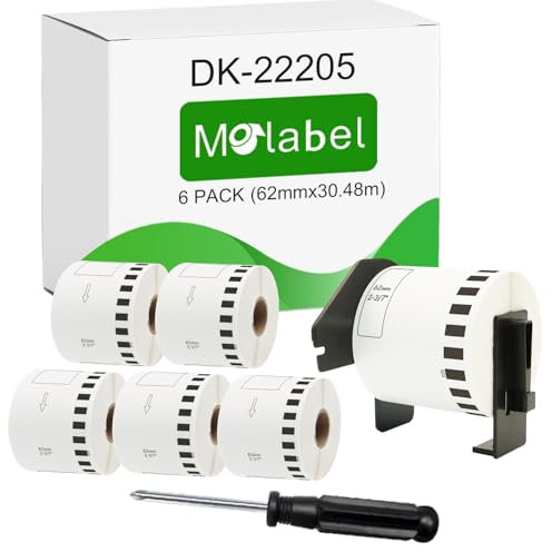 Molabel Adressetiketten DK-22205 (DK22205), 6 Rollen pro Packung (endlos), inklusive 1 abnehmbarem Halter und einem einfachen Schraubendreher, kompatibel mit Brother Druckern.