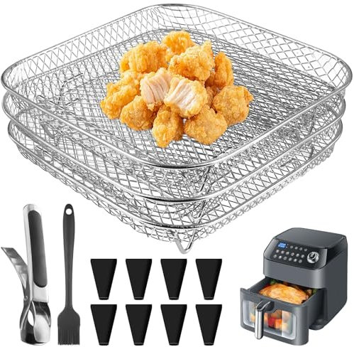 Estantería para freidora de aire de 3 piezas, accesorios para freidora de aire caliente, 304 estantes de acero inoxidable con 8 pies de silicona, 1 pinzas y 1 cepillo, bandeja apilable para freidora