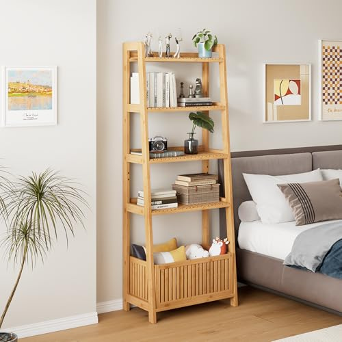Bamjoy Bamboo Ladder Shelf, Bookshelf with 4 Display Shelves and 1 Open Storage Basket, Multifunctional Storage Rack Organizer for Home Office, Bedroom, Living Room, 66” H Natural