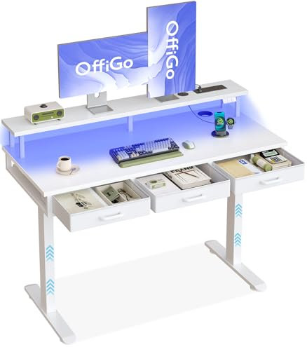 OffiGo Electric Standing Desk, 120 x 54cm Height Adjustable Desk with 3 Drawers, RGB LED Strip & Charging Station for Home Office Computer Workstation, Computer Table with Monitor Stand, White