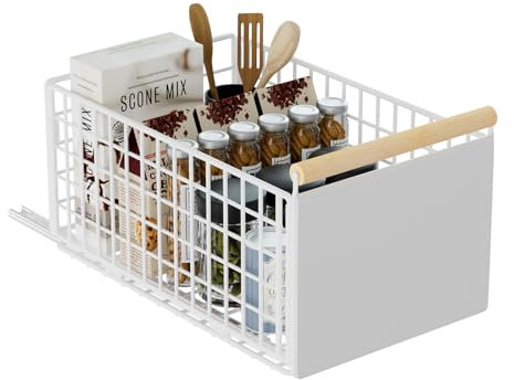 Teleskopschublade, Ausziehbare Schublade für Küchenschränke, Slide Out Cabinet Organizer mit Griff & Kleber, Schubladen Aufbewahrungsregal für Küche Pantry, Kein Bohren (L: 23.5x39.5x19.5 cm, 1 Stück)