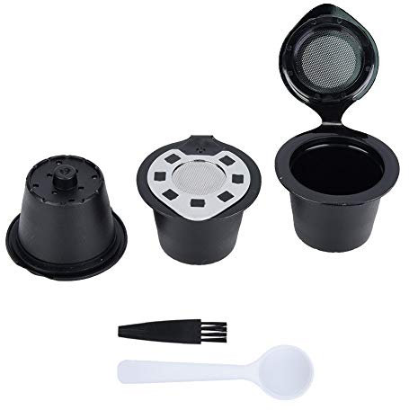 Coffee Capsules Refillable Reusable Second Generation with Foam Function Universal Size Fits Original Machine Includes 3 Coffee Capsules 1 Spoon 1 Brush Food Grade Material (Silver)
