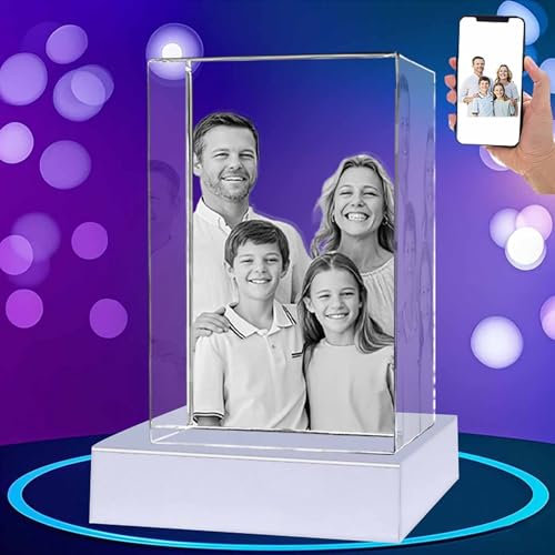 NLLATEI Foto De Vidrio 3D, Regalos Personalizados con Tu Propia Foto para Papá, Mamá, Hombres Y Mujeres, Imagen Grabada con Láser En 3D. Cristal Cúbico Grabado con Base De Luz LED(Silver Large)