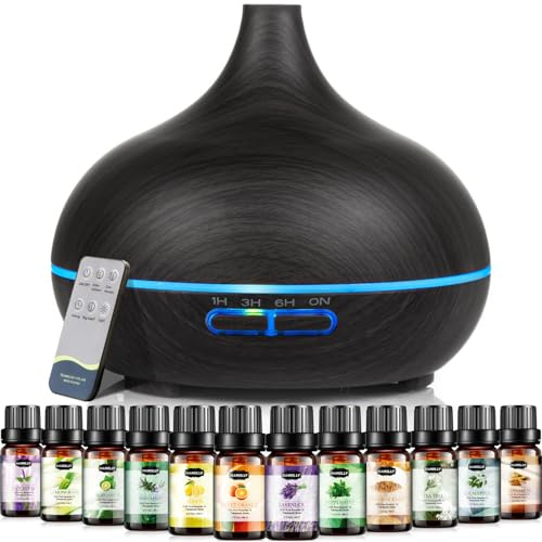 HANOLLY Diffuseur Huiles Essentielles 550ML, Humidificateur Ultrasonique Arômes avec Télécommande, 7 Couleurs LED, 4 Minuterie et Arrêt Automatique pour pour Maison, Yoga, Spa et Cadeau Anniversaire