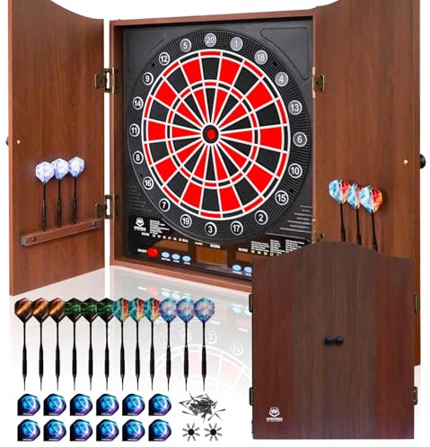Elektronische Dartscheibe,Dekorative Electronic Dartboard Cabinet Set | bietet 34 Spiele,bis zu 8 Spieler, inklusive 12 Soft-Tip Pfeile,3 Sprache Stimmen,