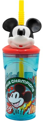 CARTOON Bicchiere con cannuccia con personaggio 3D in plastica riutilizzabile BPA Free capacità 360 ml (Topolino)