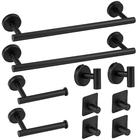 BREEZENEST 10pcs Bathroom Accessories Set — No Drilling Wall-Mounted Towel Holder & Toilet Roll Holder Set, Stainless Steel Bathroom Hardware Kit, Space-Saving Organiser (Black)