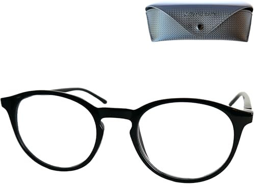 Klassische Nerd Lesebrille mit großen Runden Gläsern - mit Gratis Etui, Kunststoff Rahmen (Schwarz), Brille mit Sehstärke, Lesehilfe Damen und Herren +1.5 Dioptrien