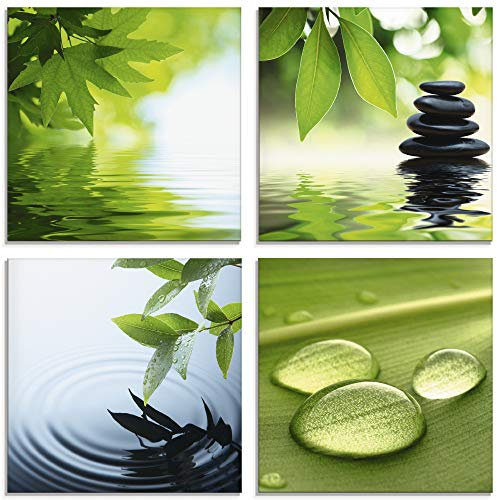 ARTland Glasbild Wandbild Glas Bild 4er Set 4 teilig je Wellness Entspannung Zen Wasser Grün Blätter Stein Pyramide S6PI