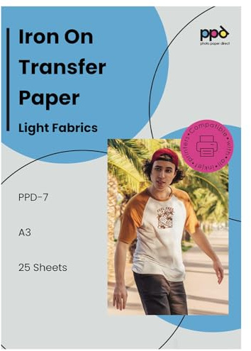 PPD 25 Sheets A3 Iron-on Heat Transfer Paper Light Fabrics Inkjet | Premium Transfer Sheets for White and Light T-Shirts, Canvas Bags, and Custom Apparel. Instant Dry Results. PPD-7-25