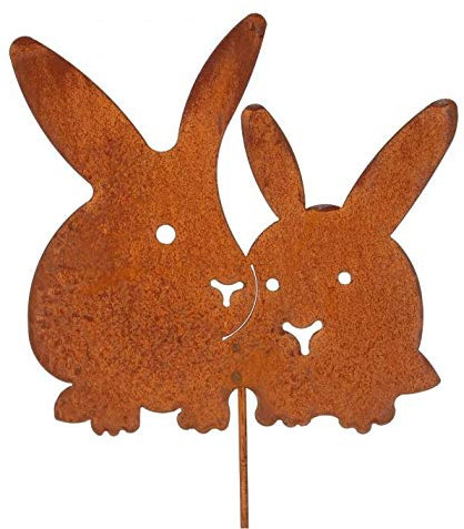 Rostalgie Edelrost Hasenpärchen auf Stab 60 cm Garten Deko Ostern Topfstecker