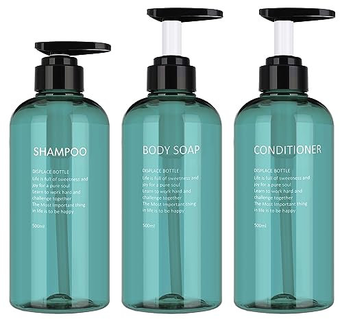olyee 3 Pack 500ml Empty Shampoo Bottles, 17oz Blue Plastic Bottles with Pump Soap Dispenser Bottle for Bathroom or Kitchen Use - Lotions, Shampoo, Conditioner, Shower Gel