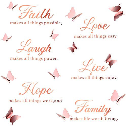 Faith Hope Love Laugh Family Wall Decal - Live, Laugh, Love Wall Sticker with 12 Butterfly Decals - Inspirational Quotes Set for Home Office Decor (Rose Gold)