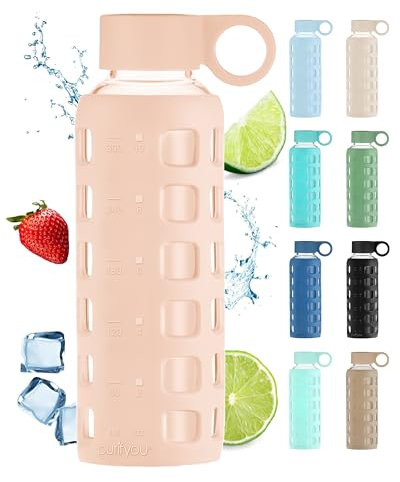 purifyou Bouteilles d'eau en verre réutilisables de qualité supérieure de 80 ml, 55 ml, 350 ml, avec marquage du temps et du volume, lait, jus de fruits (noisette de 350 ml)
