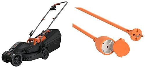 BLACK+DECKER Tondeuse Filaire 1000W, Tondeuse à Gazon Electrique 32 cm, 3 hauteurs réglables 20, 40 et 60 mm & Electraline 20857036F Prolongateur jardin avec clapet 16 A 20 m Orange