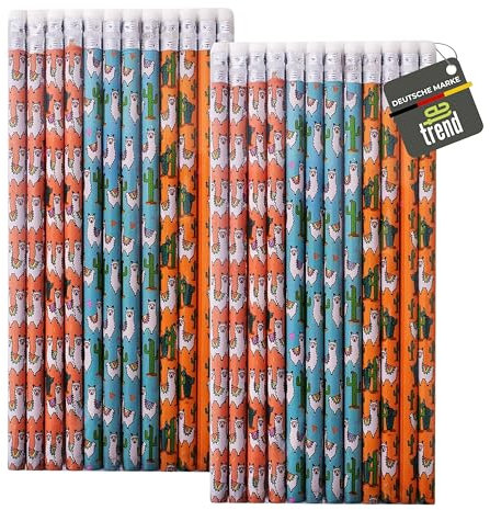 TE-Trend 24 Stück Alpaka Bleistifte – Kinder Schreibstifte mit Radiergummi – Alpaka Motiv Stifte – Kinder Stifte Set – 19 cm Mehrfarbig