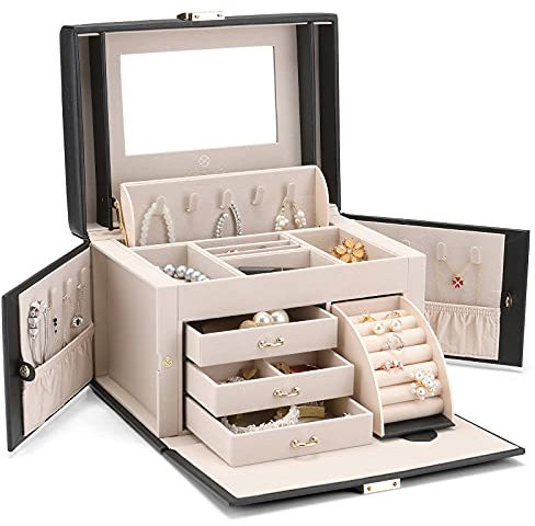 Vlando Boîte à Bijoux avec Miroir et Fermoir,Coffret à Bijoux en Cuir pour Bracelets, Boucles d'oreilles bagues Colliers Montres, Cadeau de la fête des mères (Peaux noires)