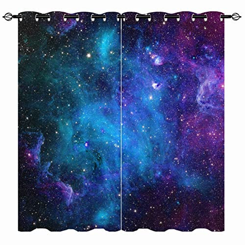 YUANZU Kids Galaxy Curtains - Space Blue Nebula Star Constellation Planet Universe Fantasy Starry Print Pattern Eyelet Blackout Thermal Window Drapes for Boys Girls Bedroom 2 Panels W168cm x D137cm