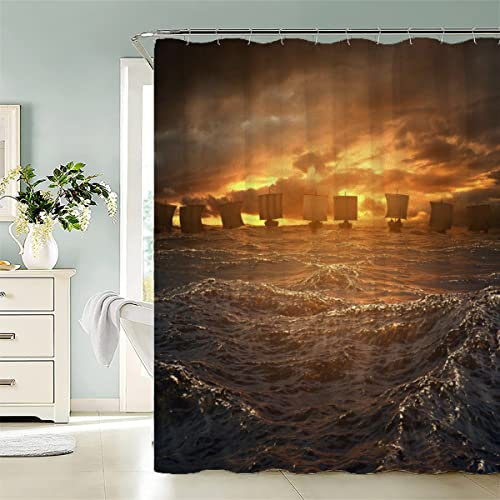 Duschvorhang 240x200 cm Wikinger Segelkriegsschiff Anti-Schimmel Wasserdichter Anti-Bakteriell Badezimmer Duschvorhänge Textil Waschbar Badewanne Vorhang Polyester Stoff mit 12 Duschvorhangringen