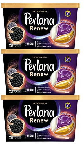 3x Perlana Renew Neri All in 1 Caps Detersivo in Capsule per Lavatrice per Capi Scuri - 3 Confezioni da 18 Capsule