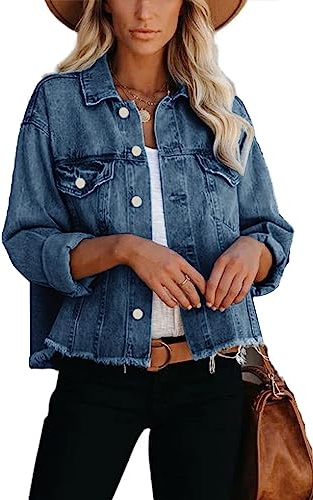JayscreateEU Female Jeansjacke Kurze jacke Denim Jean Mantel Outwear Lange Ärmel Damen Jeansjacke mit Knöpfen Winter Herbst jacke Kanten und Waschen mit Tasche,Navy blau,S