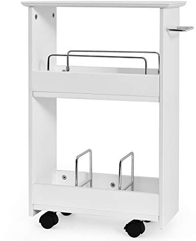 COSTWAY Slim Rolling Storage Cart, 2-Tier Narrow Slide Out Trolley with Open Shelves, Metal Dividers and Towel Bar, Freestanding Bathroom Storage Cabinet on Wheels for Kitchen and Laundry Room