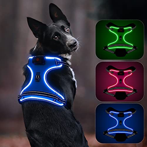 Leuchtendes Hundegeschirr, Colaseeme Anti Zug Hundegeschirr mit Reflexstreifen und Kontrolle Verstellbar Geschirr, LED Hundegeschirr Wieder, aufladbares Beleuchtetes Hundegeschirr, Blau XS