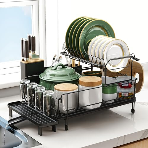 Runnatal Large Dish Drying Rack with Drainboard Set, Stainless Steel Detachable 2-in-1 Large-Capacity 2-Tier Over The Sink Anti-Rust Dish Rack and Dish Drainer for Kitchen Counter