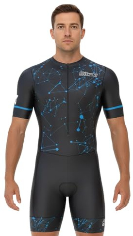 Combinaison de cyclisme moulante une pièce pour homme avec rembourrage en gel - Trisuit haut et short de vélo design sublimé, noir/bleu, S