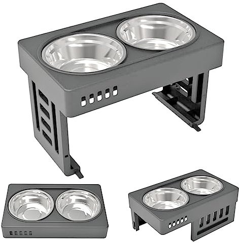 Raised Dog Bowls with 2 Stainless Steel Dog Bowl, Elevated Dog bowl on Stands, Double Elevated Stand Bowl, Dog bowls Adjustable 3 Height for Large Medium Small Dogs (Gray)