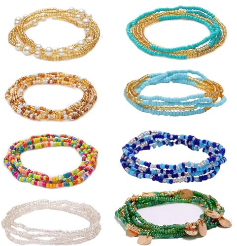 INGJIA 8 Pièces Chaine Tour de Taille de Perles Ensemble Coloré Eté Africain Waist Beads Elastique Taille Perle Bikini Chaîne Corps Chaîne Perlée Taille Bijoux Chaine Ventre Femme et Filles