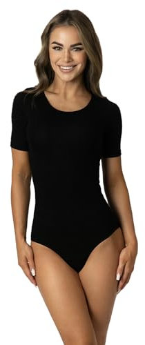 Alkato Body Donna Manica Corta Cotone – Body Donna con Scollo Tondo e Chiusura con Bottoni a Pressione, Nero, M (Long 170-176 cm)