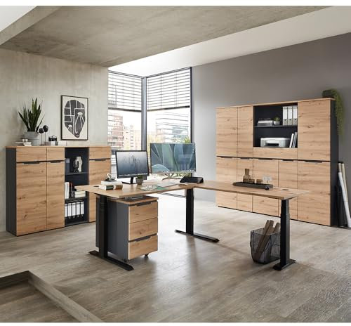 Lomadox Büromöbel Set 8-teilig mit höhenverstellbarem Schreibtisch, 3 Büroschränke 197cm hoch, 3 Büroschränke 122cm hoch, 1 Rollcontainer in Graphit und Eiche