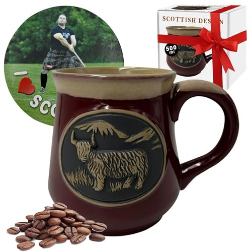 Glen Appin of Scotland Highland Cow Design Embossed 500ml Stoneware Piping hot Mug: Wide Coffee Tea Hot Chocolate Cups | Christmas New Year Gift Box | Scottish Heritage (Red)
