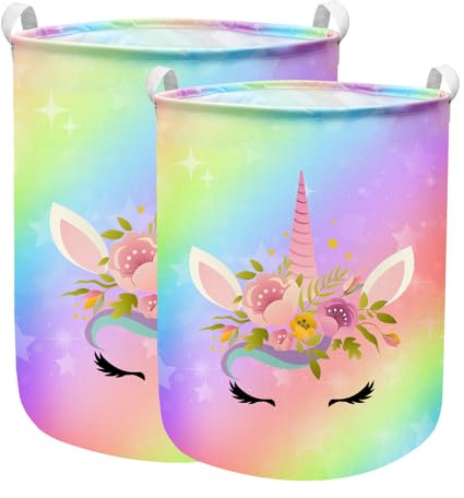 Aynaxcol Unicorn Laundry Basket Hamper Large Sized Round Storage Basket Waterproof Bin Collapsible Laundry Basket for Girls Room Organizer, Kids Bedroom Nursery Playroom Clothes(43.3L+62.9L)
