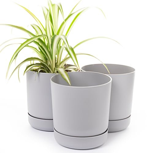 Home Garden Ornaments Plant Pots Indoor – Set of 3 Plastic Outdoor Planters with Drainage Holes and Saucer, Classy Decorative Flower Pots (25cm / 10inch – Grey)