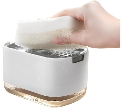 Dish Soap Pump Dispenser with Sponge Holder and Tray, 3 in 1 Countertop Hand Pump Detergent Soap Dispenser for Kitchen Sink Organizer (B-White+Sponge)