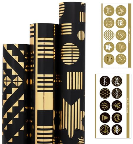 Larcenciel Rouleau Papier Cadeau Noir et Or, Papier Cadeau Anniversaire Métallique Brillant 3 Rouleaux 43CM x 3M Chaque, Lot Emballage Cadeau Vérifié Étoile pour Fille Garçon Enfant Homme Mariage Noël
