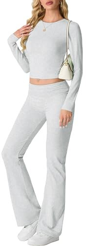 IWOLLENCE Hausanzug Damen Jogginganzug Set Lounge Set 2 Teiler Sportanzug Damen Y2K Outfit Homewear mit Crop Top und Schlaghosen (Hell Grau, XXL)