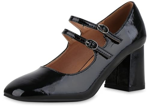VAN HILL Damen Mary Janes Blockabsatz Schnallen Klassisch Schuhe 216333 Schwarz Lack 38