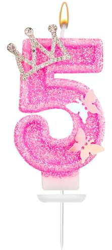 Candela con numero 5, 7,3 cm, rosa scintillante, con farfalla e corona di strass, candele per compleanno, decorazioni perfette per compleanno e anniversario (numero 5)