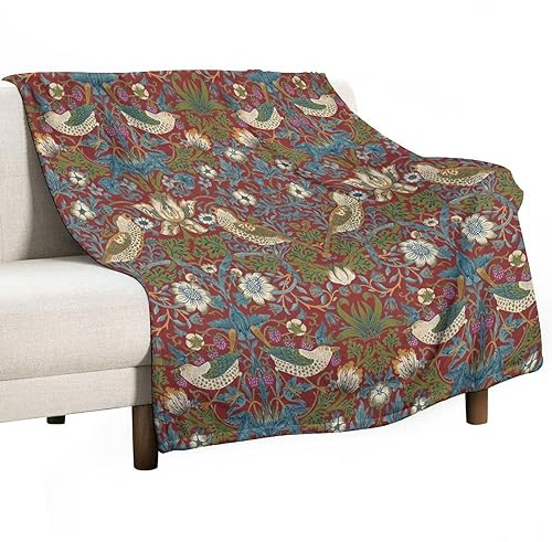 ATOurDealss William Morris Retro Floral Flannel Blankets, Vintage Flower Strawberry Birds Boho Botanical Plant Throw Bed Blanket for Bed 60x80